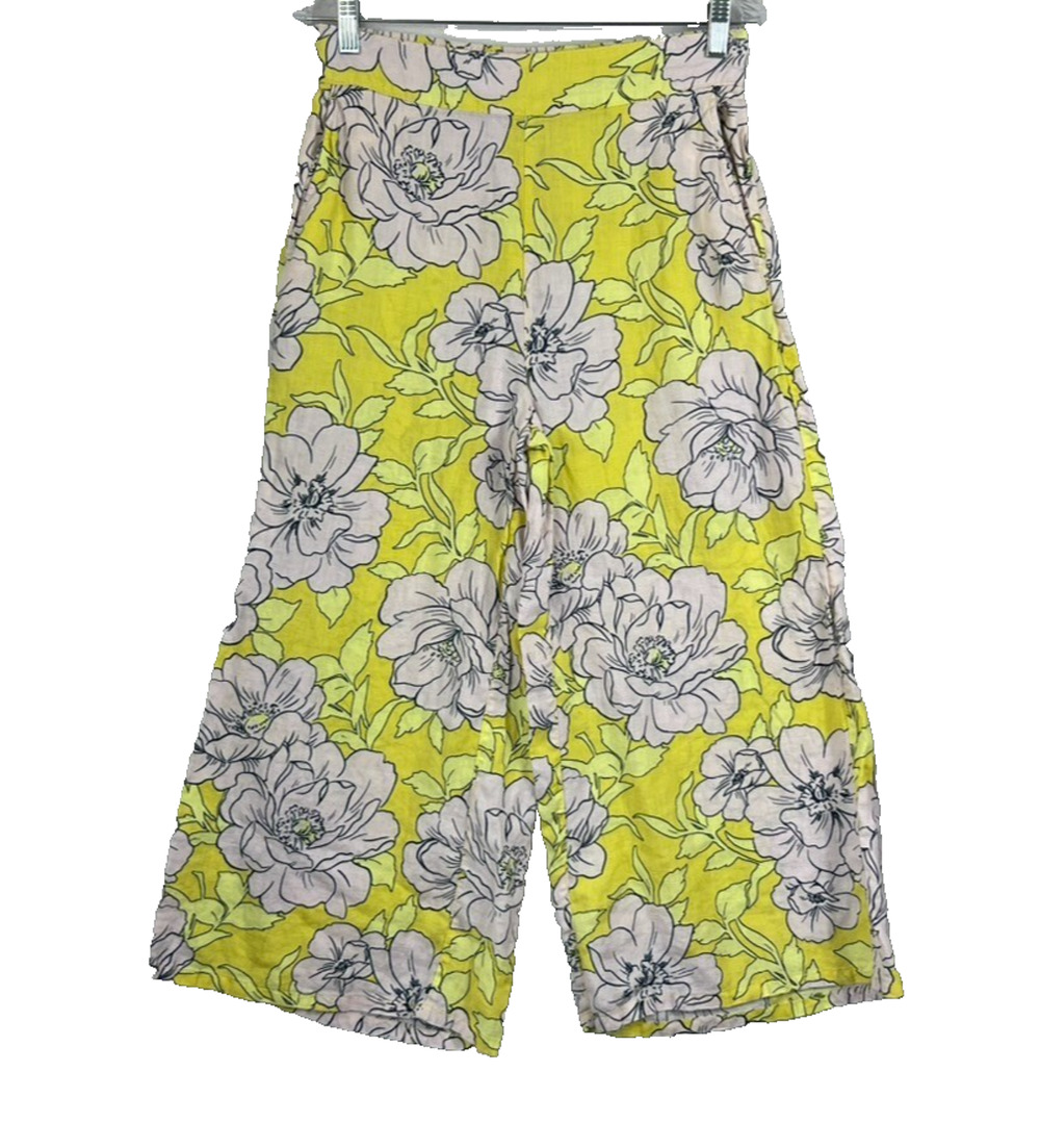 C & C Women's Capri Pants Size M Wide Leg 100% Linen Floral Yellow Pink White